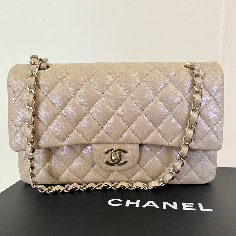 Like New Chanel Medium Classic Flap 21S Dark Beige Iridescent Caviar Leather